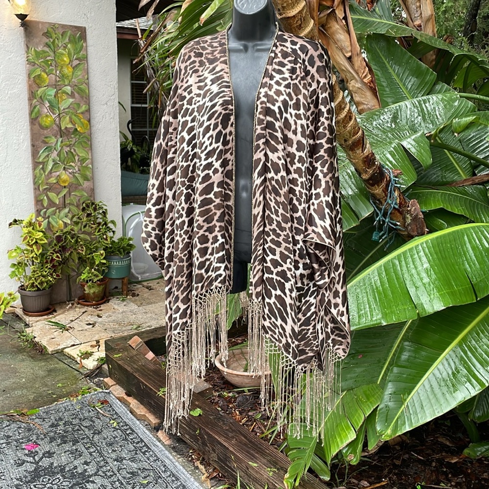 giraffe or animal print , beaded fringe Calfan duster